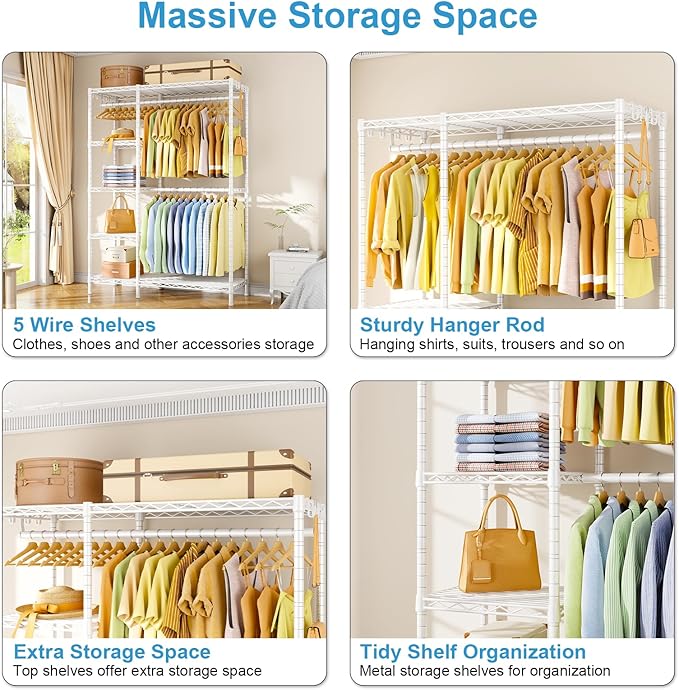 F2 Clothes Rack, 5 Tiers Heavy Duty Garment Rack for Bedroom | Freestanding Adjustable Closet Storage Organizer, Portable Clothing Wardrobe, 46.1"W x 15.4"D x 78.3"H, Load 630lbs, White