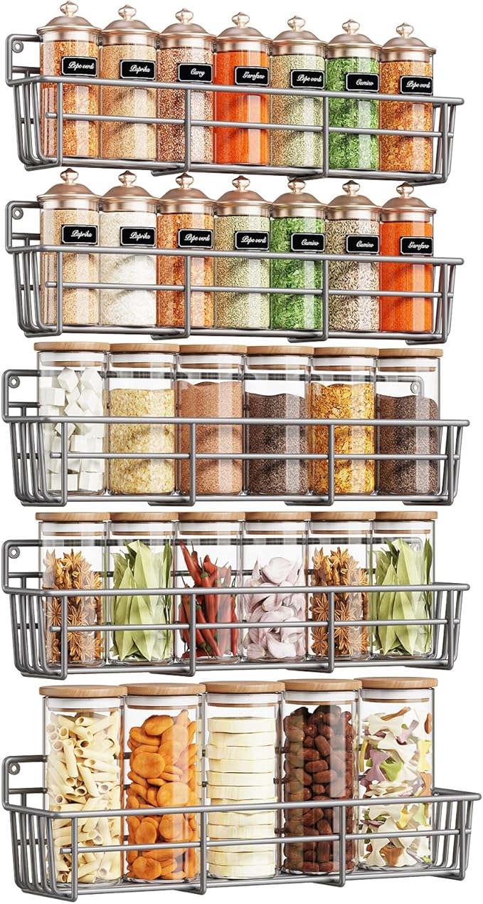 Mystozer 5 Pack Spice Rack Seasoning Organizer Wall Mount, Spice Storage Spice Rack Organizer Pantry Door Organizer Screw or Adhesive Hanging Shelf Basket Spice Organizer Shelf for Kitchen (Gray)