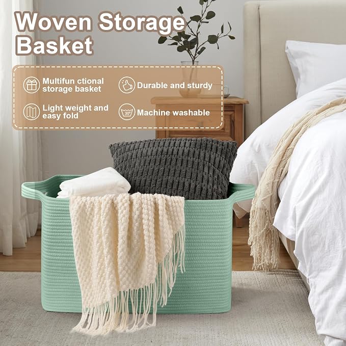 OIASKET 95L Extra Large Blanket Basket, 24" x 16.9" x 14.2" Woven Storage Basket for Living Room, Rectangle Nursery Blanket Storage for Toys, Towels, Dirty Clothes (Green)