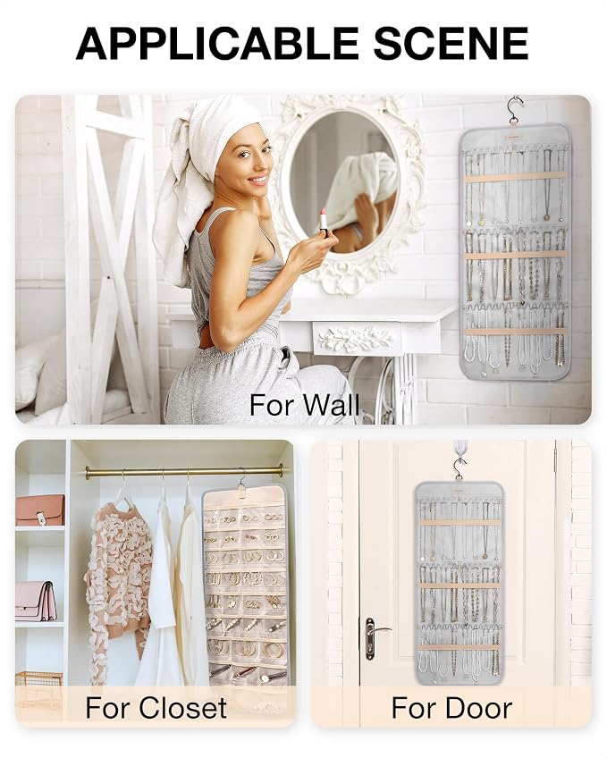 BAGSMART Hanging Jewelry Organizer Necklace/Earring/Ring 2-Sided L Grey | Jewelry Holder Organizer Storage with Hanger Metal Hooks Double-Sided Jewelry Holder on Closet, Wall, Door