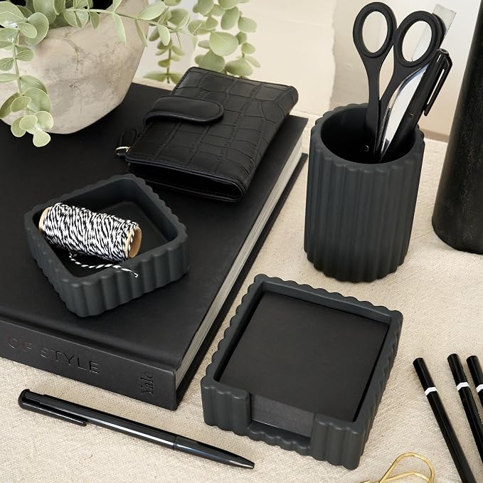 Aesthetic Desk Organizer Set of 3 For Your Office - Sturdy Concrete Desktop Accessories For Women Enhance Any Office Decor - Set incl. Pen Holder, Paperclip Storage & Sticky Note Holder for Teacher