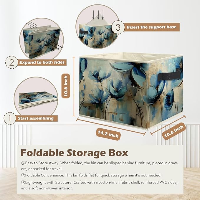 Abstract Blue Floral Storage Box Bins, Modern Impressionism Flower Botanical Collapsible Storage Basket Organizer for Bedroom Laundry Room Home Clothes Books, Decor for Room