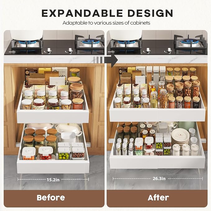 Seinloes 4 Pack Pull Out Cabinet Organizers 21" Deep With Raising Pad for Framed Cabinets, Expandable Width (15.2"-26.3") Slide Out Drawers Upgrade 3 Slide Rails, Roll Out Shelves Adhesive, White