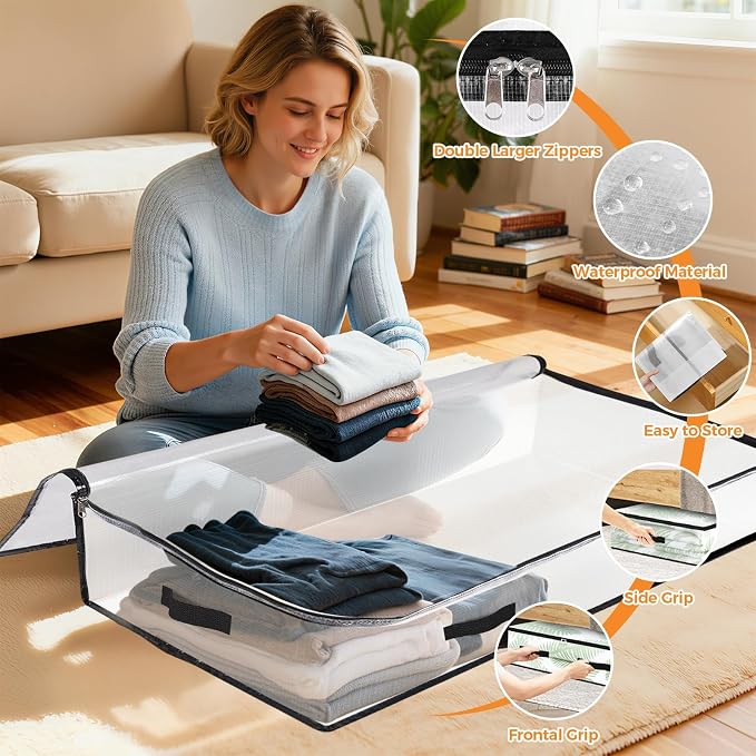 6 Pack Under Bed Storage Bags, 90L Foldable Clear Containers with Handles | Dual Zipper Storage Bins for Comforters, Bedding, Blankets, Closet Organizer for Clothes, Linen Sheets, Sweaters