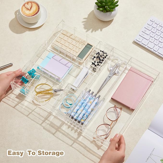 Briwooody Clear Acrylic Drawer Organizer Expandable,9 Compartments,Small | 9'' up to 18'' x 12'' x 2.1'' Desk Drawer Organizer Trays Adjustable with Desk Accessories for Makeup Office Bathroom