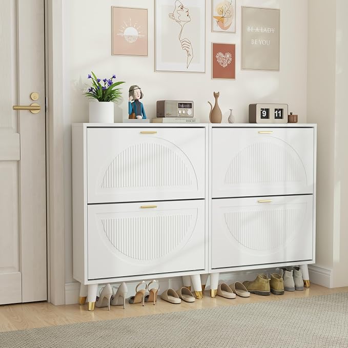 White Shoe Cabinet Storage for Entryway: Modern Hidden Shoe Storage Cabinet, Shoes Rack with 4 Flip Drawers, Wood Small Organizer with Doors (2 Pieces，25")