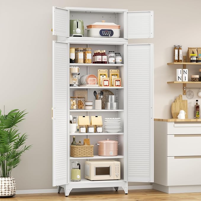 Polup 90" Tall Metal Kitchen Pantry Storage Cabinet with Doors and Shelves | Heavy-Duty White Cabinet, 5 Adjustable Shelving, Gold Handles, Louvered Doors, for Dining Living Room, Bathroom & Garage