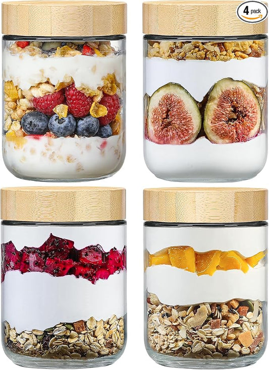 NETANY 4-pack 16oz Glass jars with Airtight Lids, Overnight Oats Containers with Bamboo Lids, Wide mouth Mason Salad jars, Glass Food Storage Containers for Snacks Yogurt Spice Sugar