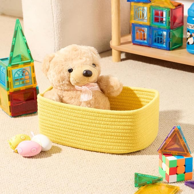 MiniArk Small Storage Baskets for Organizing | Closet Organizer Bins | Shelf Toy Basket | Woven Rope Baskets | Cube Decorative Box | Shallow Basket | 11.5x7.5x4.7” | 4 Packs Yellow