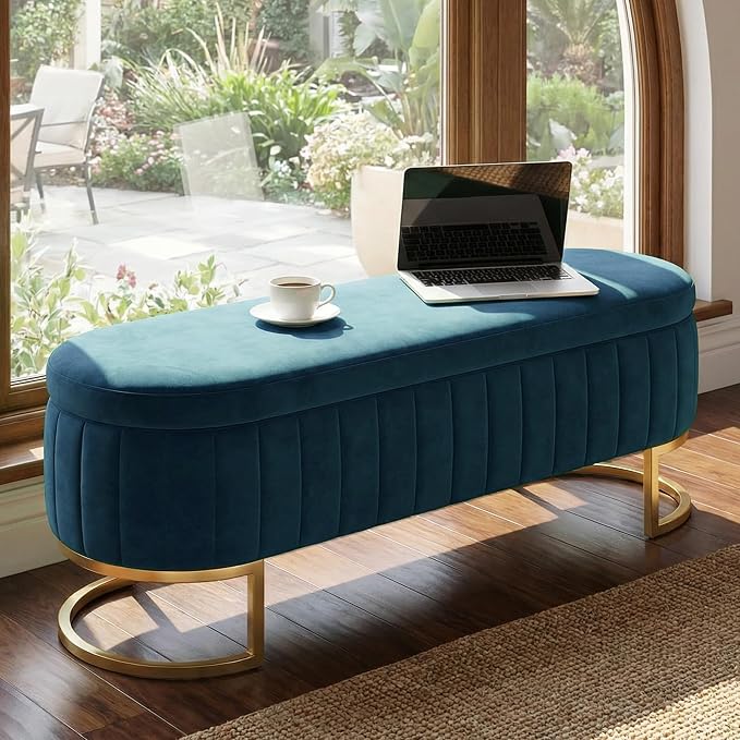 51" Velvet Storage Ottoman Bench End of Bed for Bedroom Entryway Dark Blue
