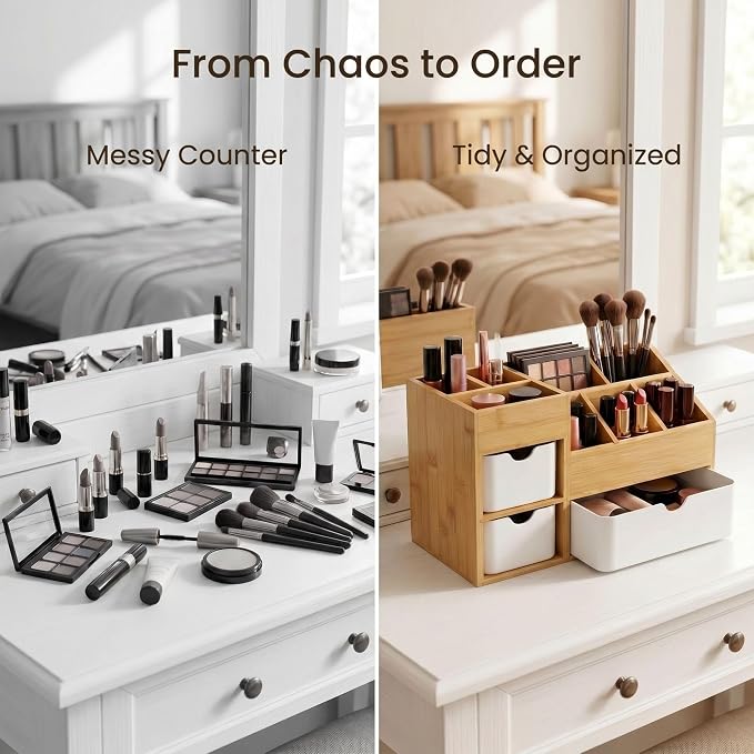 Bamboo Makeup Organizer with 3 Drawers & Adjustable Dividers, Desk Cosmetic Storage Box, Vanity Countertop Organizer for Bathroom, Office, Bedroom, Natural Bamboo Color (11.5x5.4in)