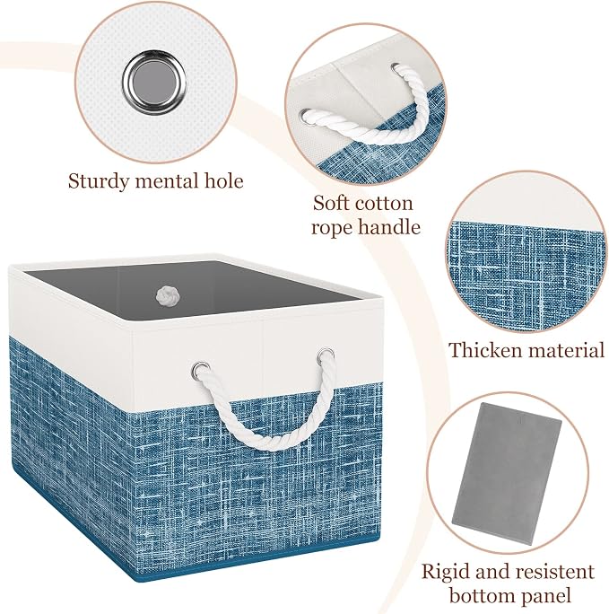 StorageTastic Storage Bin,Collapsible Storage Basket For Organizing, | Large Storage Boxes With Rope Handles,Storage Containers,White & Blue,6 Pack