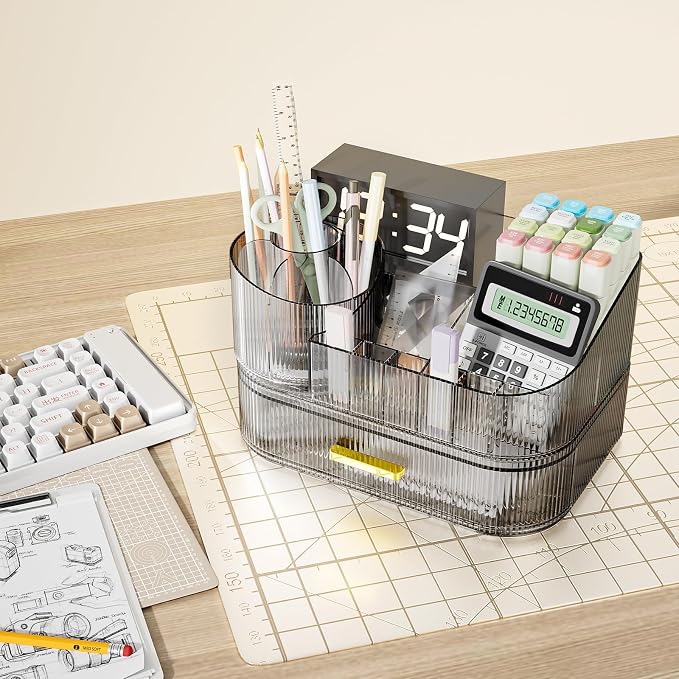 Delamu Rotating Makeup Organizer countertop, Brush Holder for Vanity, Black | Stackable Drawer Makeup Storage for Skincare, Lipstick, Brushes & Perfume, Fits Dresser & Bathroom Countertop, Gift for Women