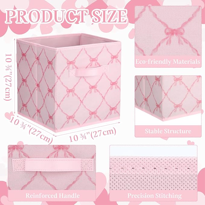 6 Pcs Light Pink Bow Cube Storage Bins 11 Inch Storage Basket with Handle, Preppy Girls Organizer Basket, Collapsible Fabric Box for Classroom Bedrooms Office Home Decoration Gift