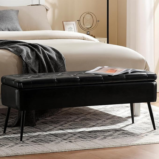 kinmars Leather Storage Ottoman Bench, End of Bed Bench with Steel Legs | Black Leather Button Tufted Design | 660 lb Capacity | Safety Hinges | Mid-Century Modern Style | Bedroom & Entryway