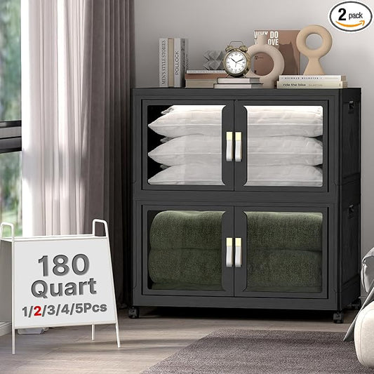 Stackable Storage Bins with Lids, 360QT Extra Large Storage Cabinet | Clear Doors, Foldable Storage Drawers, Heavy Duty, Collapsible Closet Organizers for Bedroom Office (2, Black, 180, Quarts)