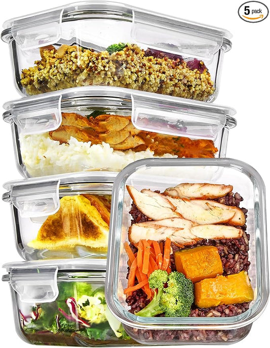 Vtopmart 5Pack 22oz Glass Storage Containers with Lids, Grey | Glass Meal Prep Food Container Sets, Snap Airtight Lid, For Microwave, Oven, Freezer and Dishwasher, BPA Free