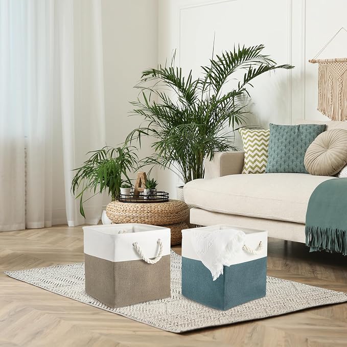 Geiserailie 6 Pcs 11 x 11 Inch Cube Storage Bins Fabric Storage Organizer Bins Foldable Cube Baskets with Sturdy Carry Handles Wicker Baskets for Home (Morandi Colors)