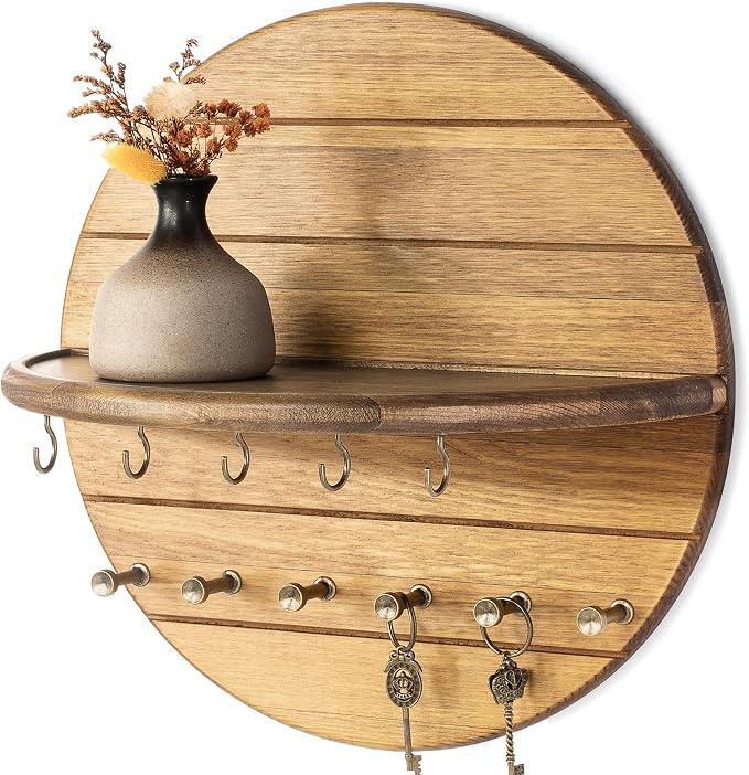 Rebee Vision Pine Wood Key Holder Wall Mount for Entryway Decor, Yellow | Pine Wood, Decorative Key Hooks, Round Corner Floating Shelf, Entryway Organizer for Home Improvement, Farmhouse Home Decor