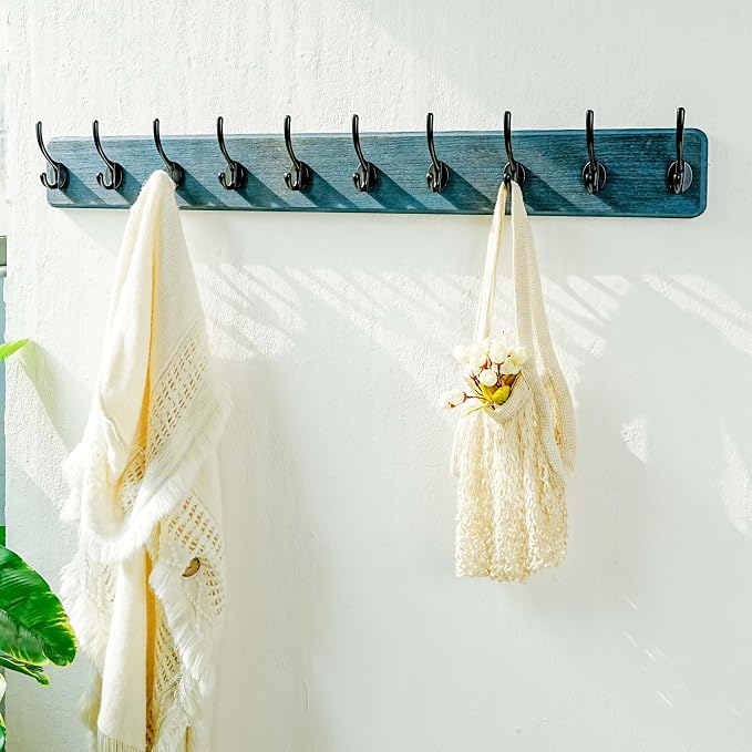 Coat Rack Wall: 38-1/4" Long, Patented, Heavy-Duty, 10-Double-Hooks Wooden Wall Mounted Coat Rack Coat Hanger Hook Rail for Winter Coats Hat Jacket Clothing, Weathered Blue