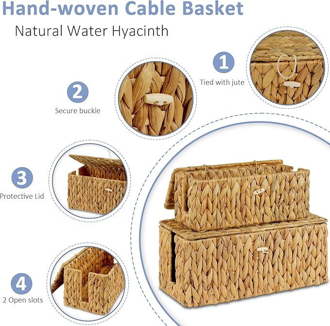 efluky 2 Pack Water Hyacinth Floor Cord Covers with Lid, Hand-woven Cable Management Box, 2 Open Slots Cord Box to to Hide USB Wire, Power Strip & Charger for Home & Office and Dorm, Natural
