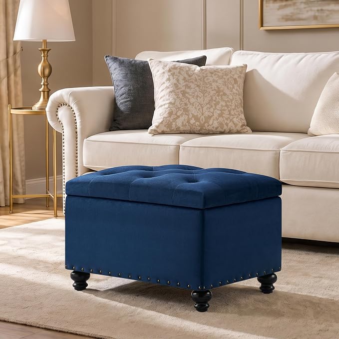 Zihanhome Velvet Storage Ottoman Bench, Button Tufted Ottoman with Hidden Storage, Upholstered Foot Rest Stool with Solid Wood Legs for Living Room, Bedroom, Entryway & Small Spaces (Sapphire Blue)