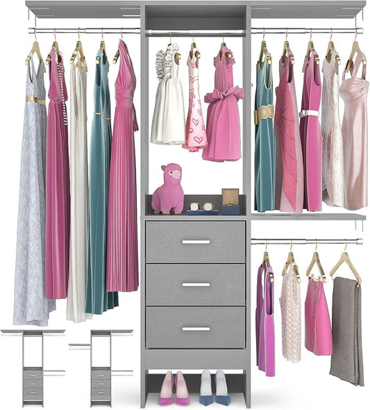 Besiost 4FT Small Closet System with 3 Fabric Drawers, 48'' Closet Organizer System With 3 Adjustable Shelves, Flexible Built-In Clothes Garment Rack for Small Space, 48" L x 13" W x 71" H, Grey