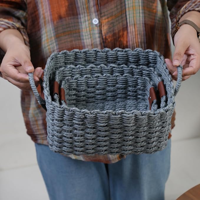 Small baskets for Organizing,Cute woven Storage basket with recycled paper rope for Shelves Bathroom,Little decorative basket,Set of 3 (Dark Grey)