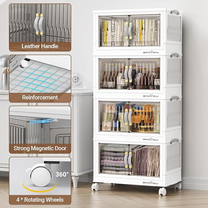BROVIEW 180 Qt Stackable Storage Bins with Lid, Plastic Closet Organizers and Storage Drawer, Collapsible Storage Box with Wheels, Folding Storage Cabinet for Closet Clothes Organization, 4Pack White