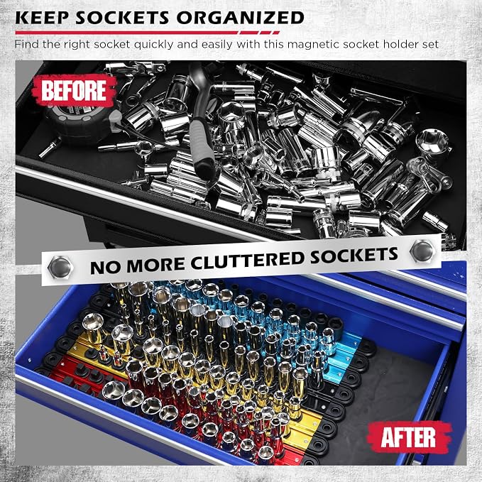 18-Piece Magnetic Socket Holder Organizer Set (Holds 240 Sockets), Heavy Duty 1/2, 3/8, 1/4-Inch Socket Racks Premium Quality Socket-Clip Rail Holder Aluminum Sockets Rack Kit for Tool Box Drawer