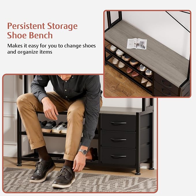 Hall Tree with Bench and 3 Drawers Storage, 39.4" Coat Rack Freestanding