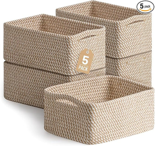 5 Pack Decorative Small Storage Baskets for Shelves, Cotton Rope Woven Basket for Organizing Bathroom, Nursery, Closet, Cabinet, Toys & Socks, Gift Baskets Empty, 11.8"x7.9"x4.7", Khaki
