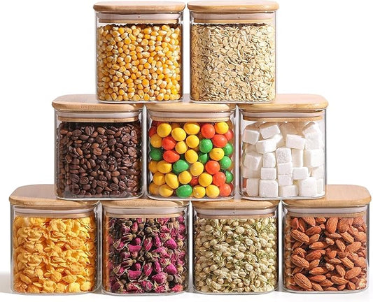 ComSaf Square Glass Containers with Lids 0.7 Qt, Set of 9 Small Galss Jars | Small Kitchen Canisters, Spice Jar, Pantry Organizers, Family Snack Station, Size For Subpackage, BPA Free, Cookie, Dry Food