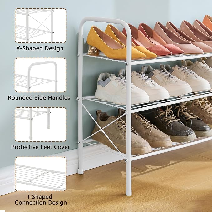Hoctieon 3 Tier Durable Mesh Style Shoe Rack, Entryway Shoe Shelf, Shoe Rack FreeStanding, Shoe Storage Organizer, Shoe Rack for Closet, Space Save For bathroom, Hallway, Bedroom, Living Room, White