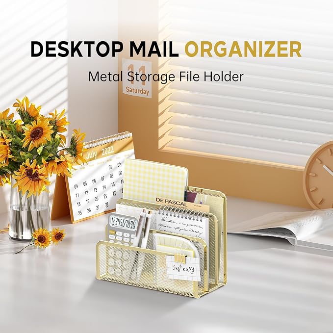 Mail Organizer Countertop for Desk, Mail File Holder with 3-Slot, Gold | Metal Mesh Mail Sorter for Letters, Envelopes, Bills, and Files for Home Offices, Classroom Organization