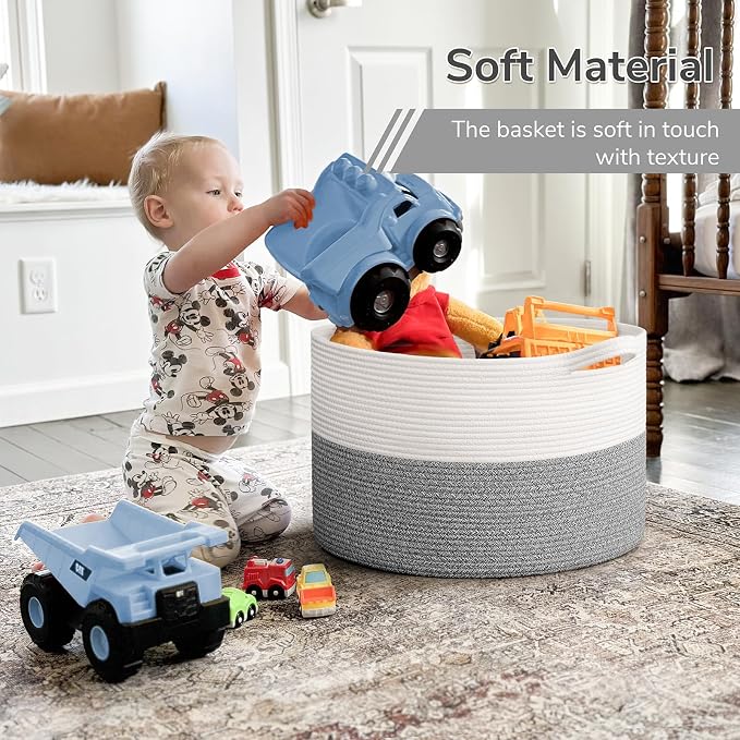 INDRESSME Large Woven Rope Blanket Basket Living Room Light Grey, 65L | 19.7" x 12.6" Storage baskets for laundry, toys & pillows. For living room, bedroom or nursery decor. soft-touch, gift basket
