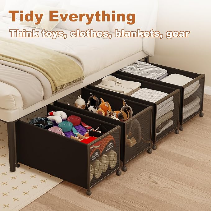 Fokyfok 2 Pack Under Bed Storage with Wheels,14 inch Tall Extra Large Under Bed Clothes Storage ,Underbed Storage with Wheels,Rolling Under Bed Drawers with Lid for Dorm,College,Apartment,Black