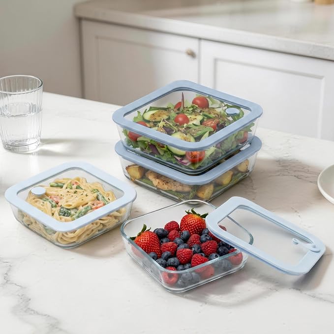 Glass Food Container Set with Silicone Glass Lid, Square Shape, 4 Pack, Airtight, LeakProof, 100% Plastic Free, Meal Prep Food Storage Containers, Blue Color