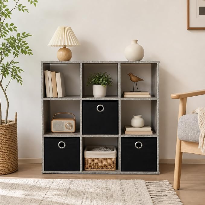 9-Cube Bookshelf with Storage Bins, Cube Storage Organizer Bookcase, Open Storage Book Shelf, 7.9 x 26.5 x 26.7, for Living Room, Home Office, Bedroom, French Oak Grey