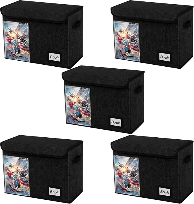 Display Comic Book Storage Box 15.8" X 7.8" X 11.8", Collapsible Holds 160-180 Comic Book Bags Organizer Heavy Duty Bin Container Holder Shelf for Comic Book Sleeves and Boards, 5 Pack