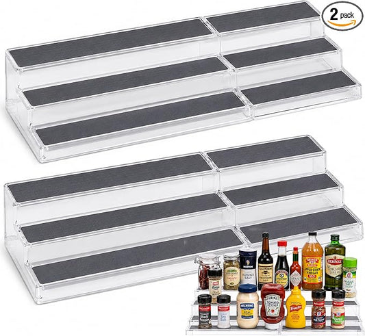 Oizeir 3-Tier Expandable Spice Rack Organizer for Cabinet, Clear | Expandable Plastic Spice Rack Organizer, Adjustable Length 3 Tiers, Non-Skid Shelf, Cabinet Pantry Countertop, Clear