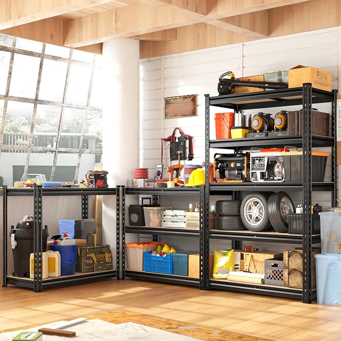 REIBII Set of 3 Storage Shelves 5 Tier Garage Shelving Heavy Duty Load 2000LBS, 60" H x 27.6" W x 11.8" D Adjustable Metal Shelving Unit, Utility Rack Shelf for Basement Pantry Shed Warehouse