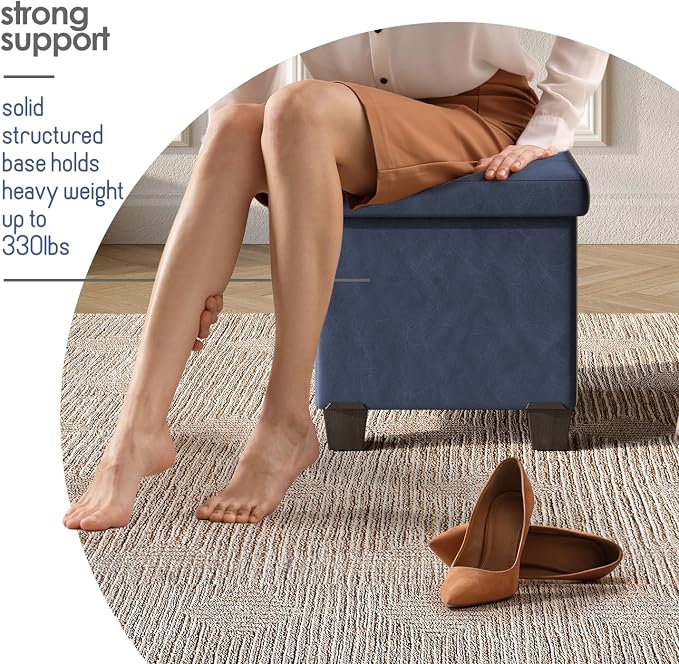 Storage Ottoman Cube with Small Bin, 15-in Square Ottoman with Storage for Living Room and Bedroom, Small Ottomans Foot Rest, Leather Foot Stools Ottomans Max 330lbs, Blue