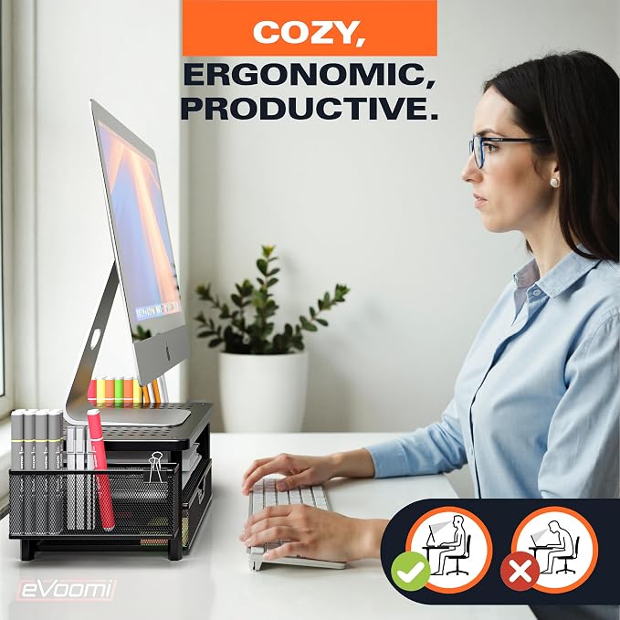 eVoomi FlowMax Ergonomic Desk organizer Computer Monitor Stand -Improved XL Desk Drawer, File Paper Pencil Holders - Pro Posture Eye-Level Tension Relief - Anti-Slip Home Office Supplies Storage Stand for Laptop Monitor or Printer