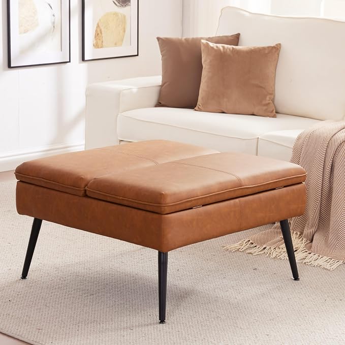 Square Ottoman with Storage Coffee Table Large Upholstered Cognac | Mid-Century Modern Ottoman w/ Double Flip-Lid Metal Legs Padded Seat for Living Room Bedroom, Faux Leather, Loads 660 lbs
