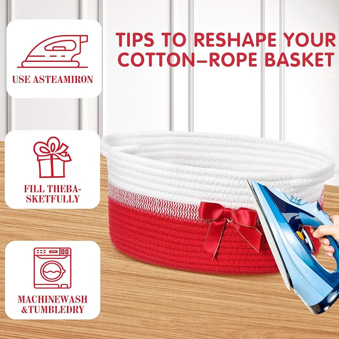 Colingmill 1 Set Woven Empty Basket for Gift,Red White | with Cellophane Wrap Set, 14 x 10 x 5.5 Inch, Medium Decorative Gift Basket, Cotton Rope Storage Box, Home Decor