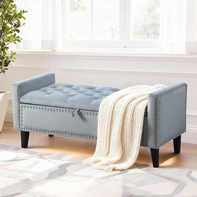 47in Velvet Storage Ottoman Bench with Arms, Upholstered Storage Bench with Wooden Legs, Storage Bench for Bedroom, Living Room, Entryway, Blue Grey