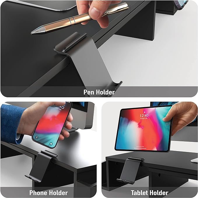 Simple Houseware Desk Dual Monitor Stand Riser with Drawer, Black | Customizable Organizer Tray, Built-In Phone & Tablet Slot and Side Storage