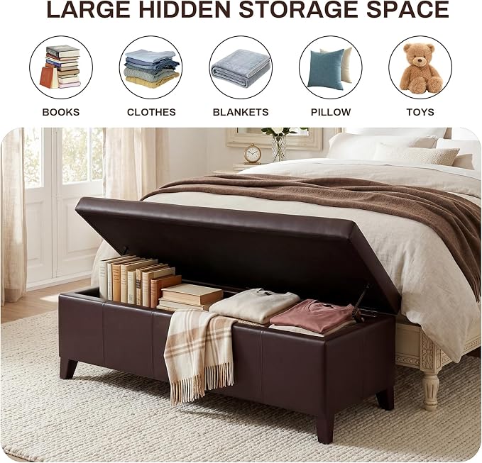 51" Coffee Brown Faux Leather Storage Ottoman | Foot Rest with Hinged Lid, Long Rectangle Bed Bench for Living Room, Bedroom, Entryway