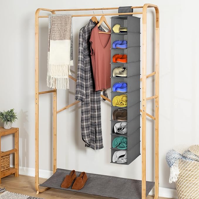 Libeder 10-Shelf Hanging Closet Shoe Organizers and Storage, Grey | Hanging Closet Organizer for Wardrode,Dorm, Folding Shoe Racks Hanger, Space Saving Hanging Shelves